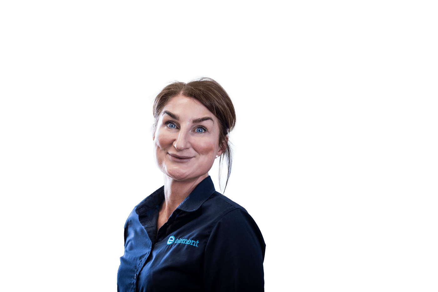 Scientist with dark hair, wearing a blue ‘Element’ shirt