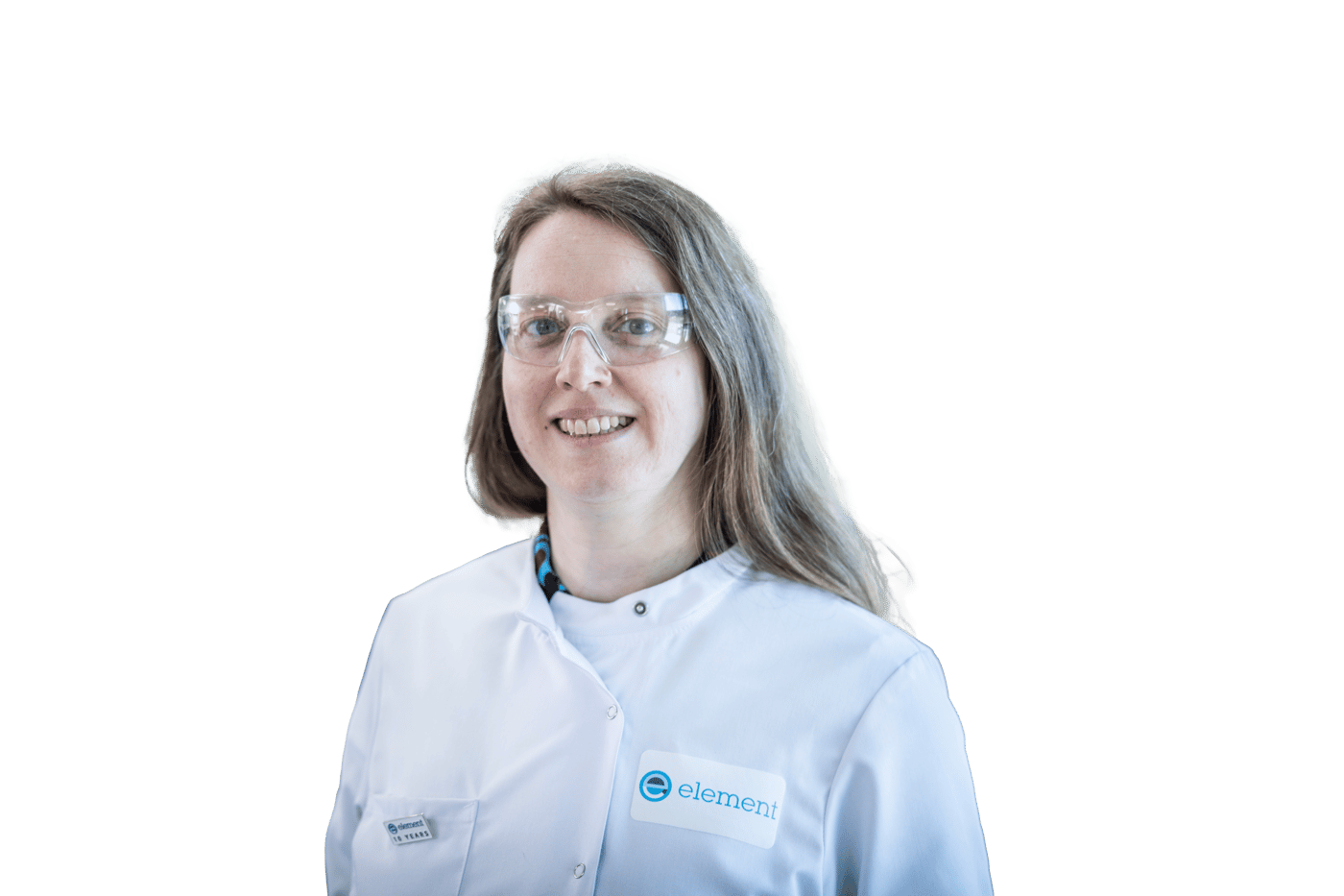 Analytical Scientist wearing a laboratory coat and safety glasses.
