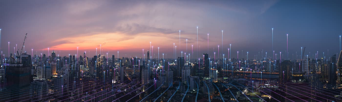 Cityscape with digital network visualization for smart device and connected technologies testing