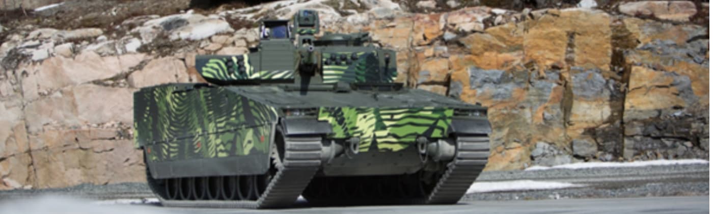 A camouflaged BAE Systems CV90 infantry fighting vehicle
