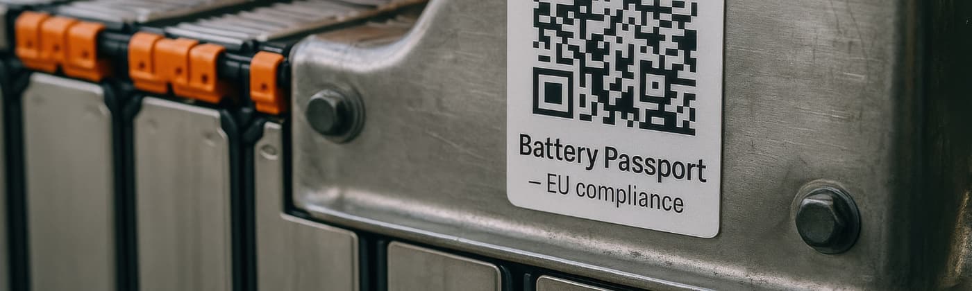 A QR code Battery Passport label on an EV battery pack showing EU compliance marking