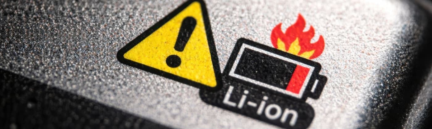 Warning label on a lithium-ion battery showing a caution symbol and flammable battery fire hazard icon.