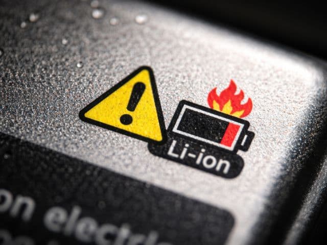 Warning label on a lithium-ion battery showing a caution symbol and flammable battery fire hazard icon.