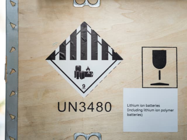 Wooden shipping crate labeled UN3480 for lithium ion batteries with hazardous materials warning symbols.