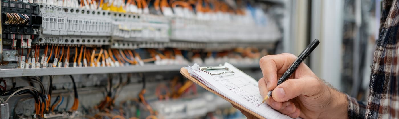 engineer inspecting electrical control panel industrial facility