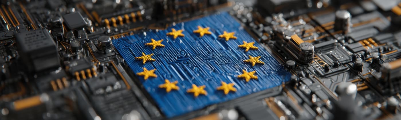 EU flag etched onto a microchip on a circuit board.