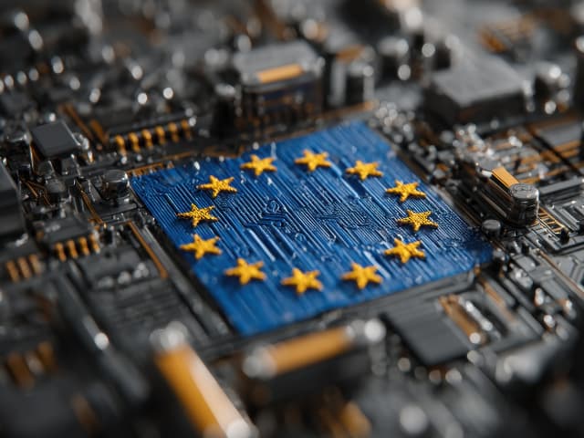 EU flag etched onto a microchip on a circuit board.