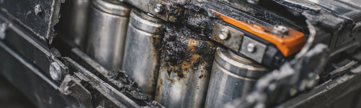 Damaged lithium-ion battery pack with burnt and charred cells after thermal runaway