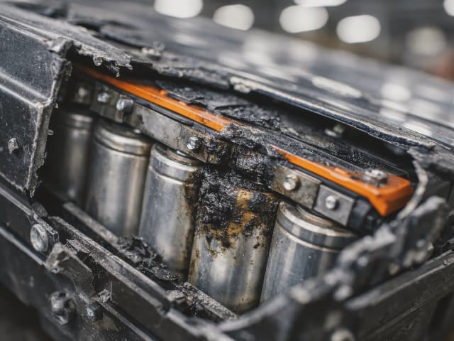Damaged lithium-ion battery pack with burnt and charred cells after thermal runaway