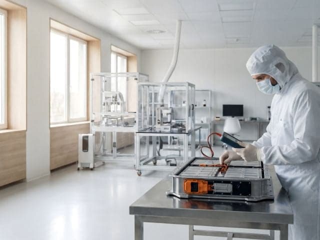 Technician in testing EV battery pack in the laboratory
