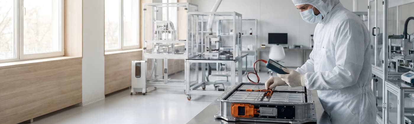 Technician in testing EV battery pack in the laboratory