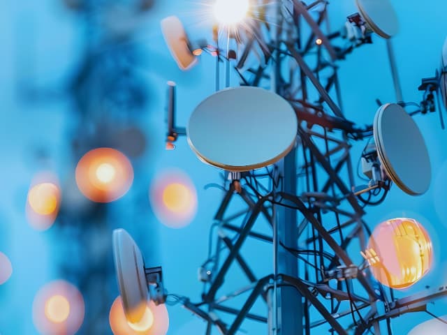 Telecommunications tower with multiple satellite dishes and antennas against a blue sky.