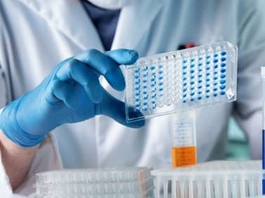 close up image of a plastic tray held in the gloved hand of a scientist