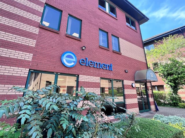 Entrance to Element Materials Technology Digital Engineering Aztec office building in Bristol Filton