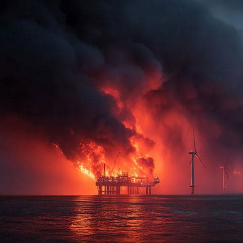 An industrial fire on an oil rig