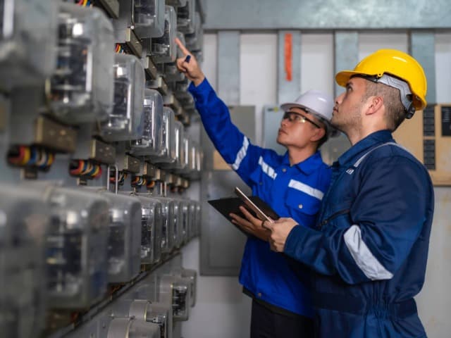 Two workers wearing hard hats and industrial clothing examine a row of electrical control panels, with one worker pointing at a component while the other holds a tablet in an indoor industrial setting