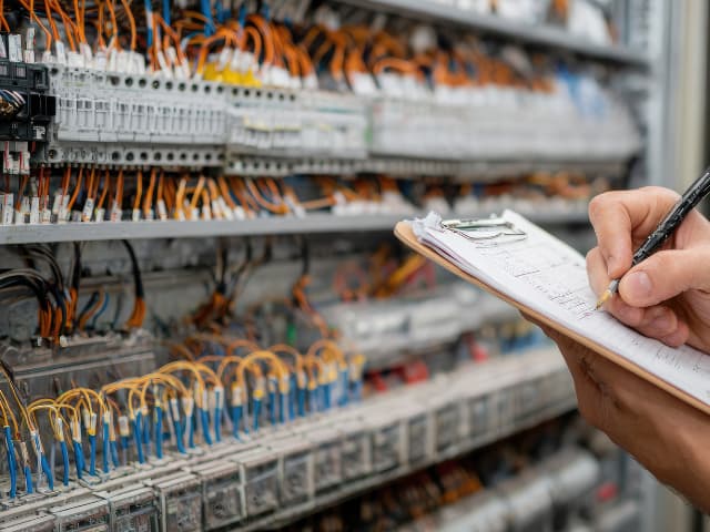 engineer inspecting electrical control panel industrial facility