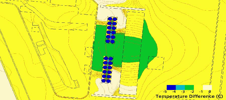 Computational Fluid Dynamics analysis showing temperature difference in area around heat pumps